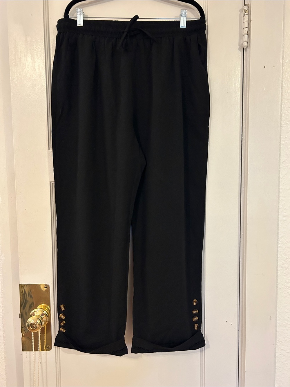 Women's Black Cropped Drawstring Pants with Button Accent